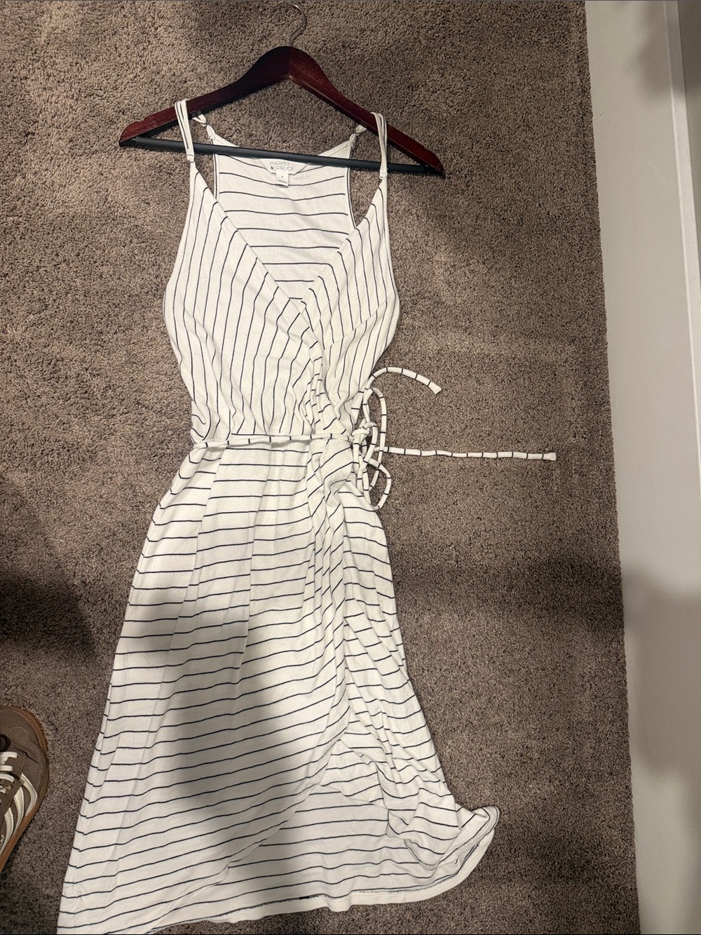 Market & Spruce White Dress with Black Stripes and Tie-Waist